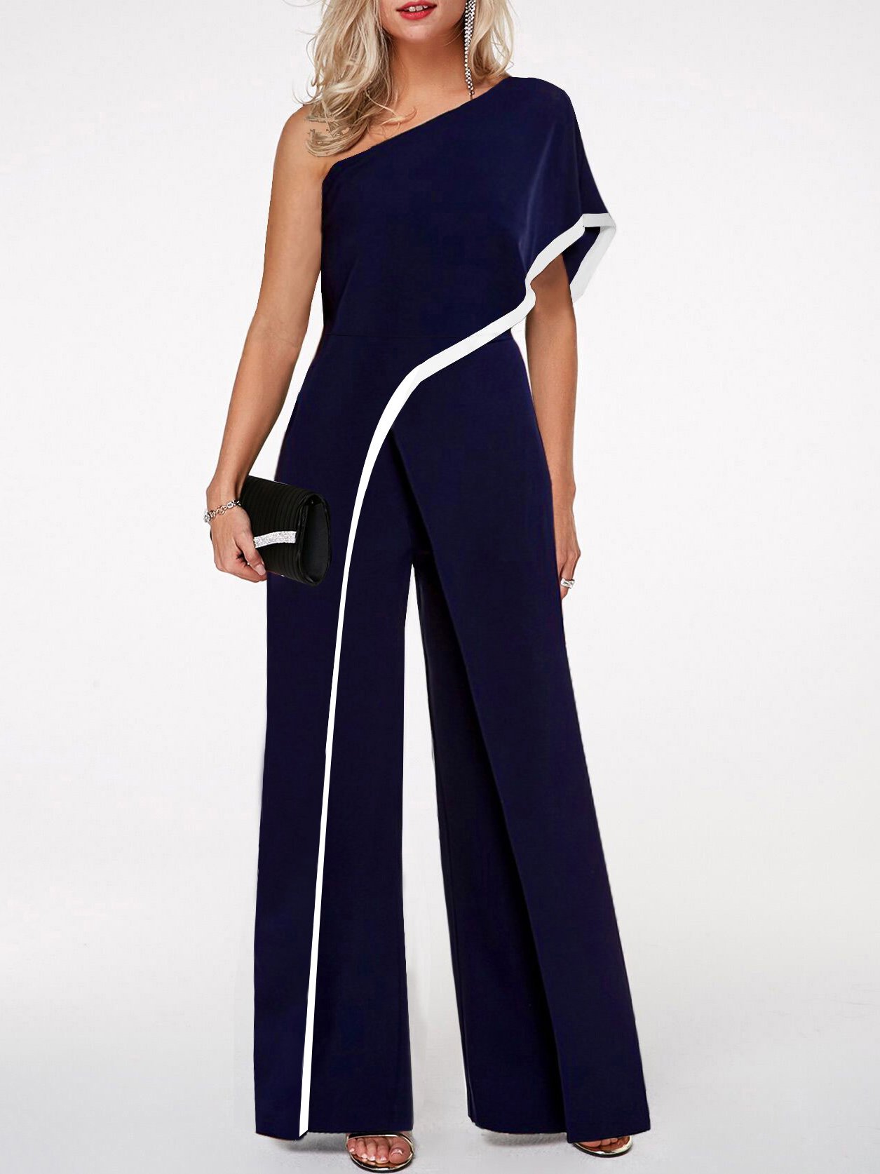 Fashion Contrast Piping One Sleeve Jumpsuit