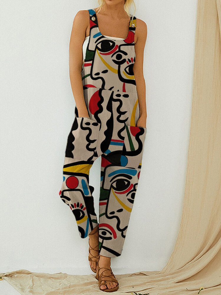 Abstract Art Illustration Print Button Strap Sleeveless Jumpsuit With Pocket