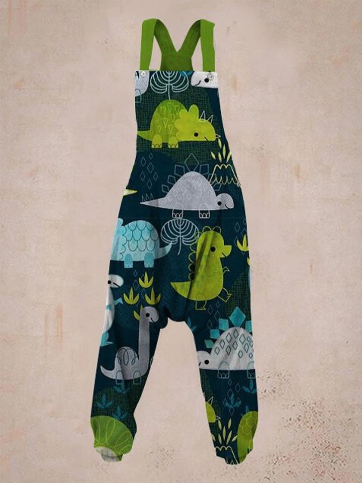 Women's green dinosaur print orange harem jumpsuit