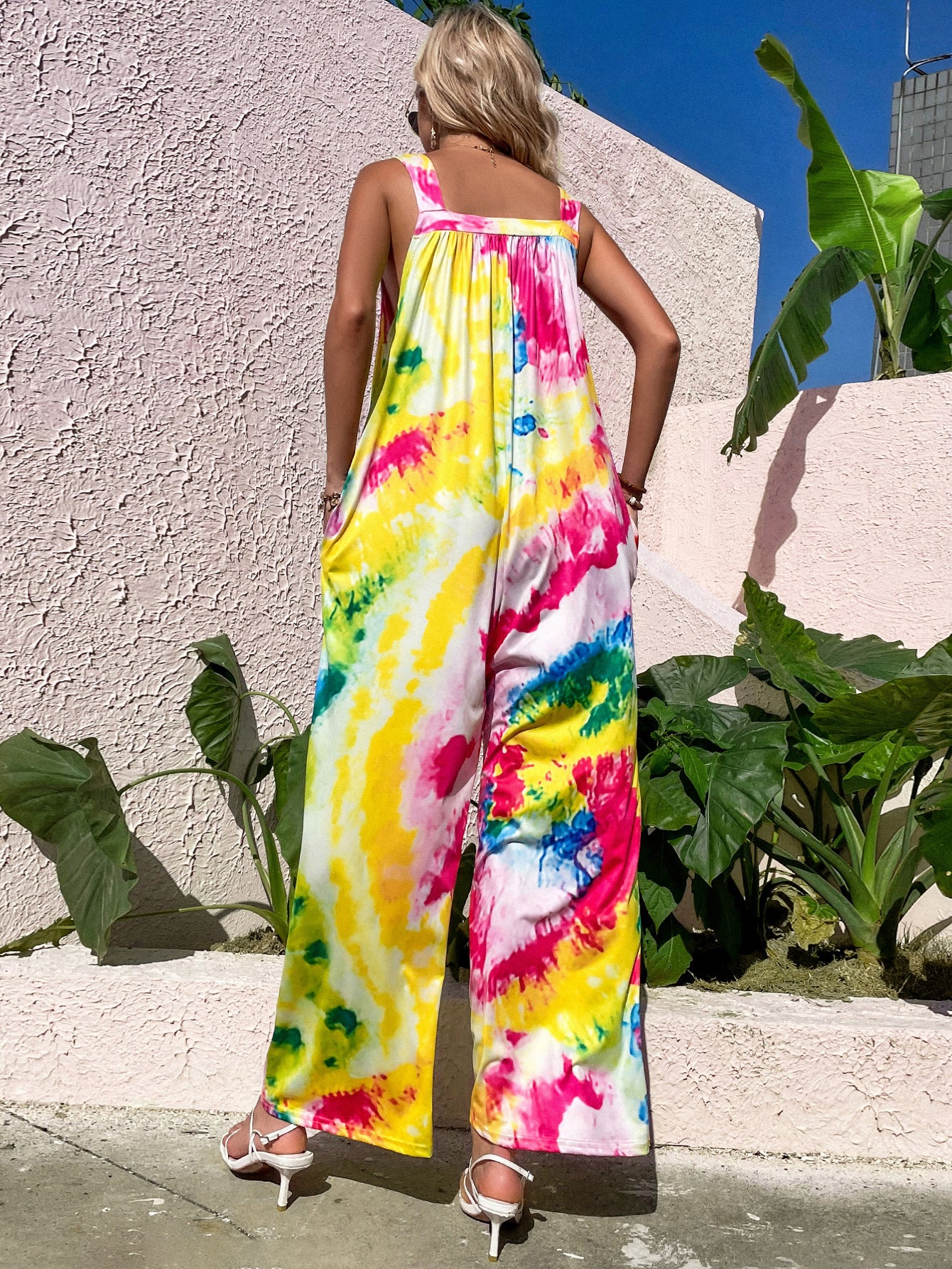 Tie-dye print casual halter wide leg jumpsuit