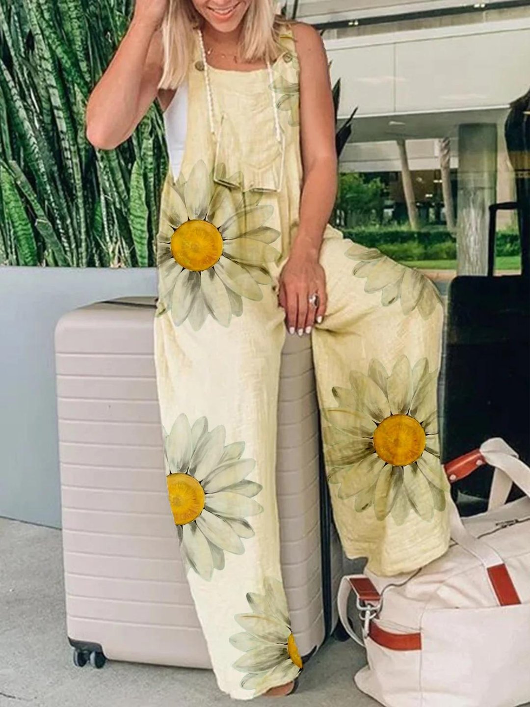 Casual Floral Pattern Jumpsuit Overall Swimsuit-Yellow