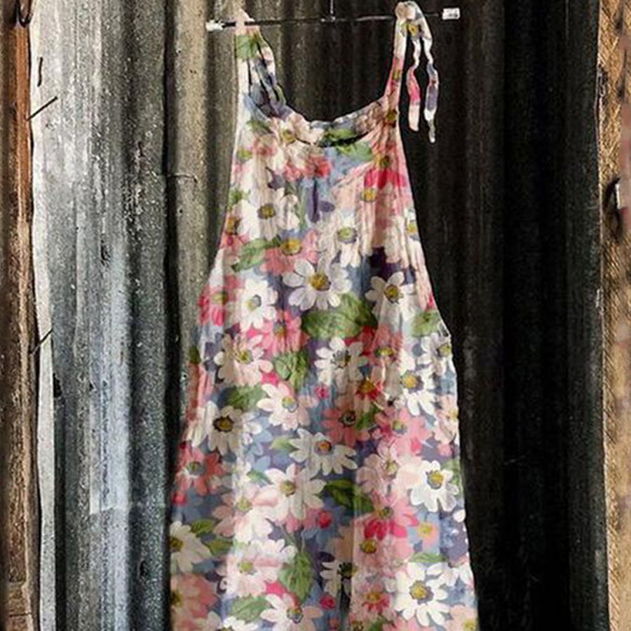 Ladies Casual Daisy Print Cotton Linen Jumpsuit