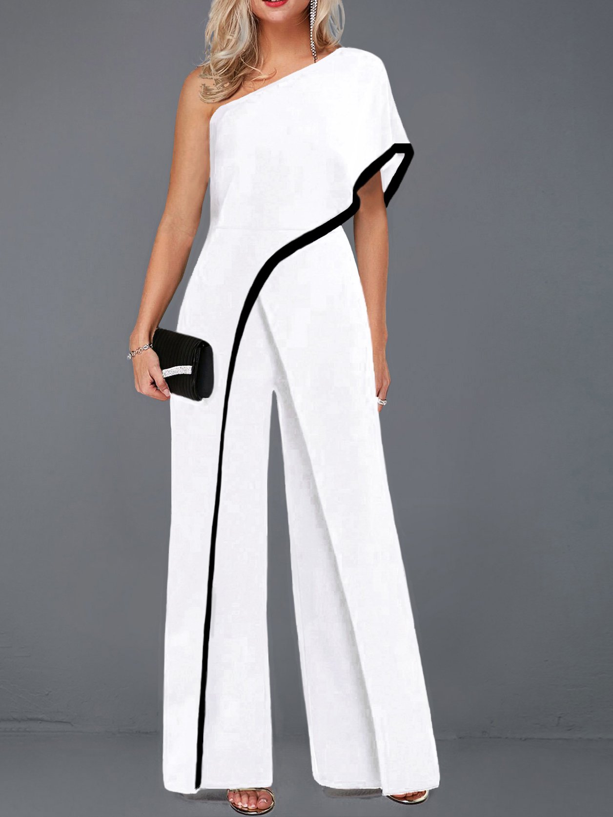 Fashion Contrast Piping One Sleeve Jumpsuit
