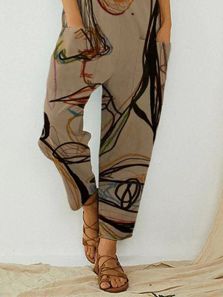 Art Illustration Vintage Print Straps Jumpsuit With Pocket