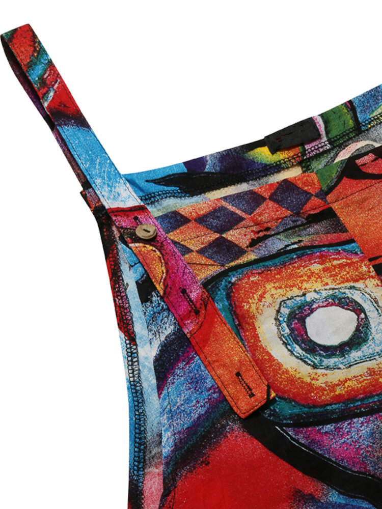 Bohemian Printed Buttons Side Pockets Straps Sleeveless Jumpsuits For Women