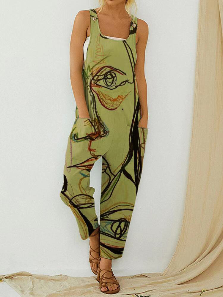 Art Illustration Vintage Print Straps Jumpsuit With Pocket
