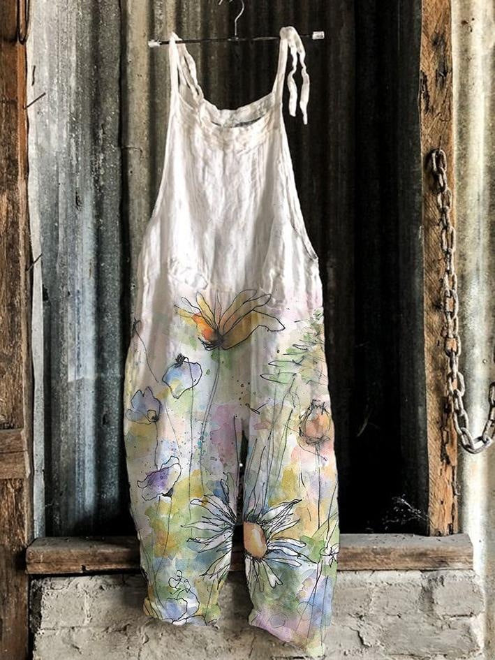 Retro art flower print casual overalls