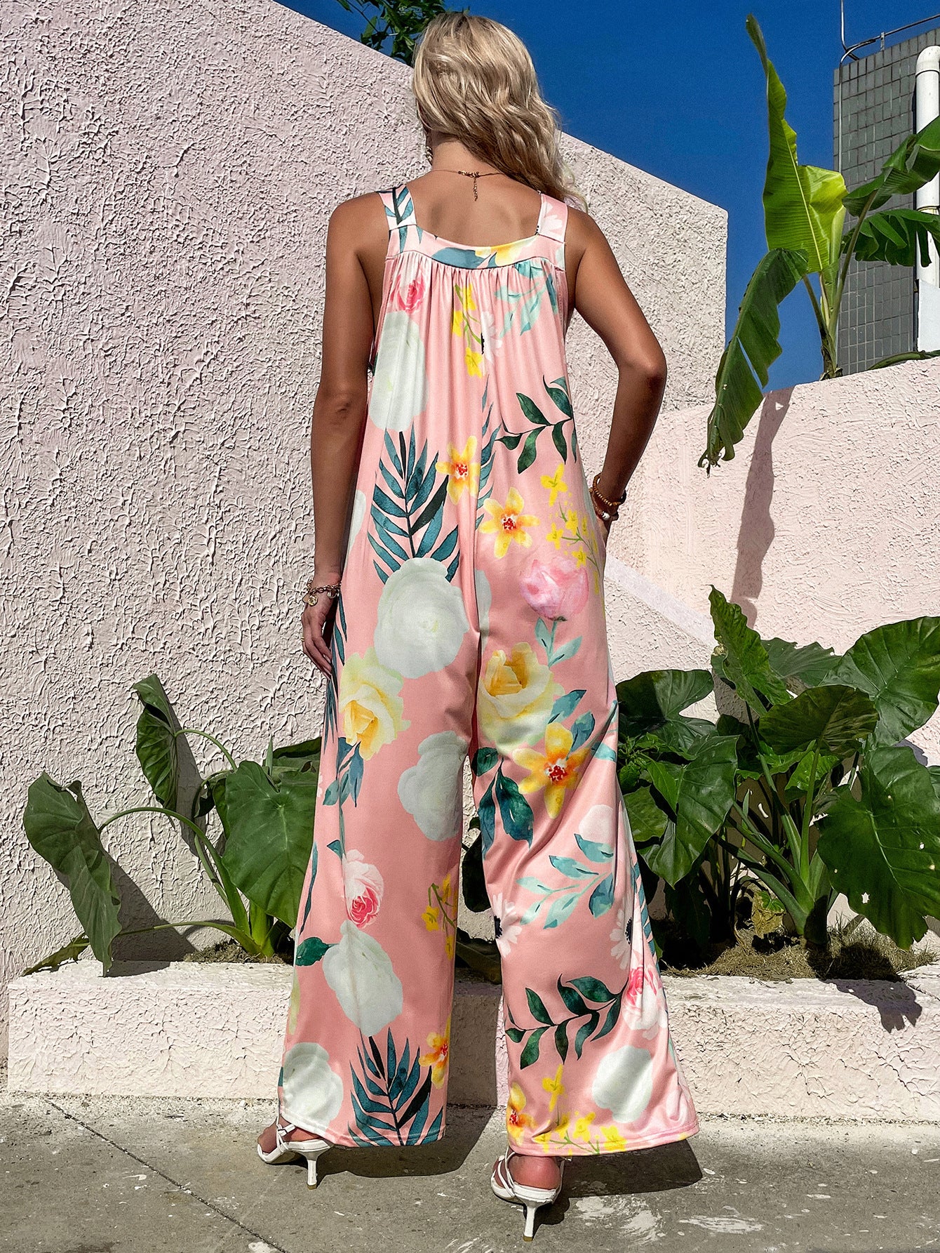 Pink drop leaf print casual halter wide leg jumpsuit