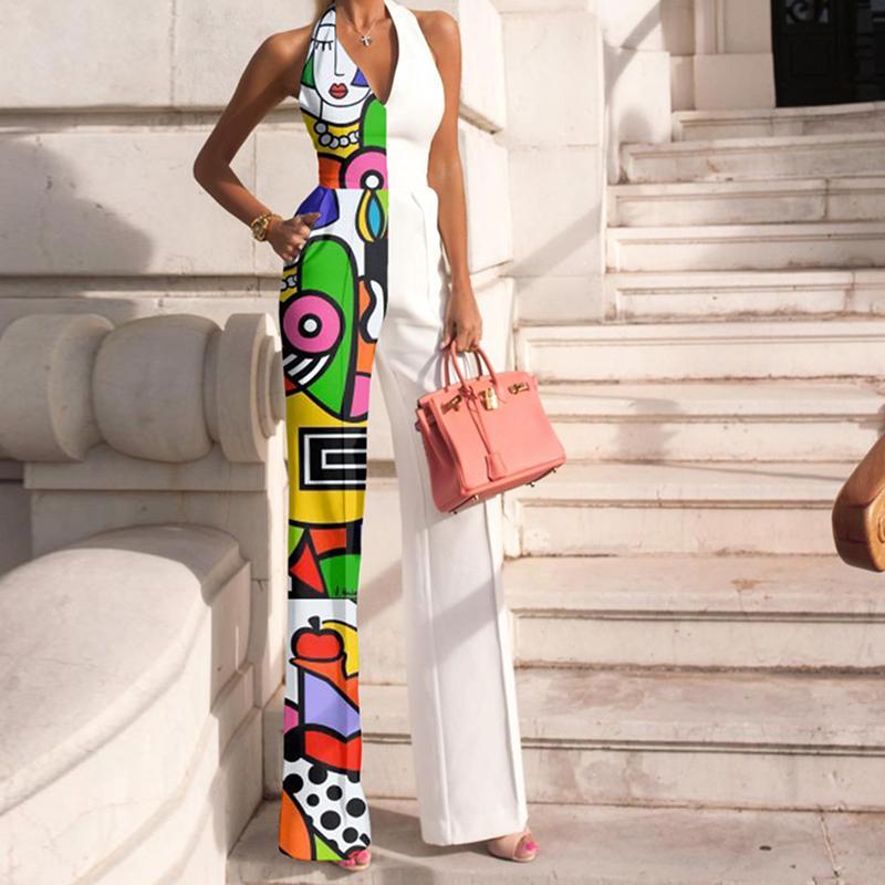 Fashion Halter Sleeveless Abstract Print Jumpsuit