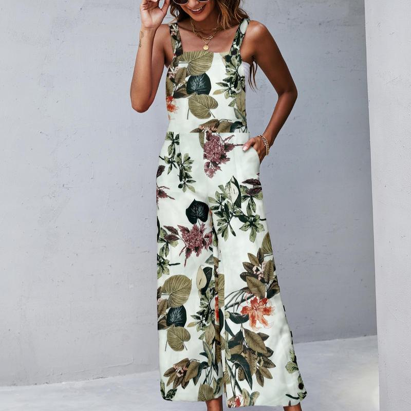 Square neck pattern women sleeveless jumpsuit